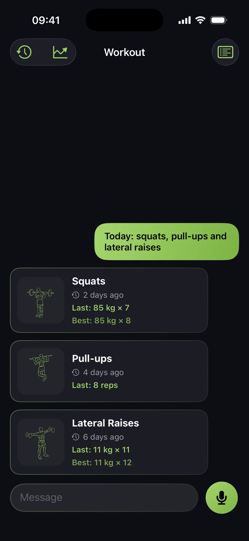 SetSay: previous squat results showing the latest and best sets