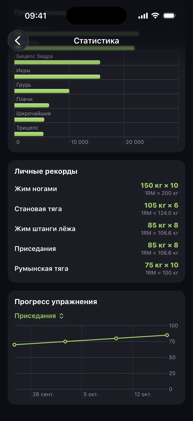 SetSay: личные рекорды и график прогресса приседаний