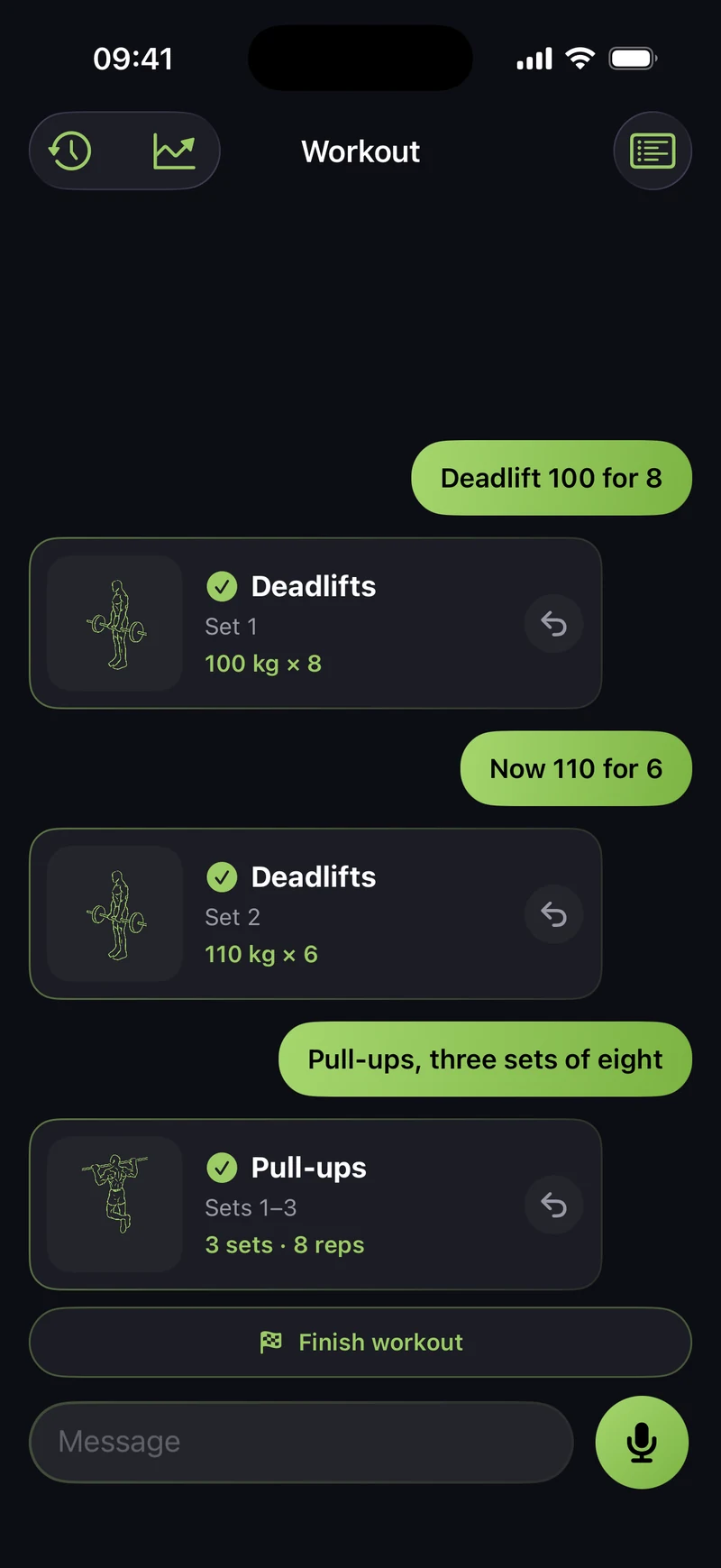SetSay: spoken deadlift sets become cards with the weight and reps